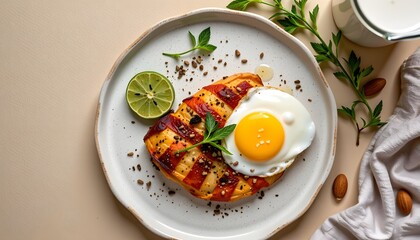 Savory crisp ginger chicken with egg and lime gourmet kitchen food photography minimalist style culinary art