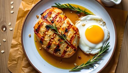Delicious rosemary roasted chicken with egg home kitchen food photography cozy environment top view culinary art