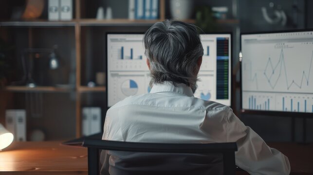 Senior executive analyzing business data on computer in office setting