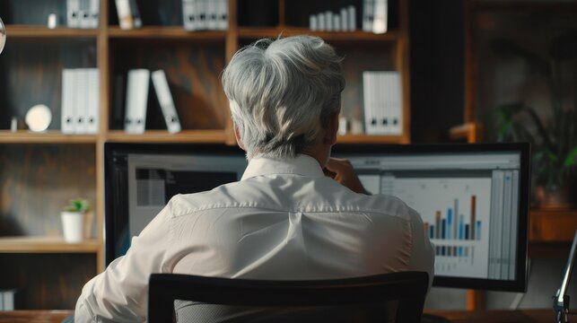 Senior executive analyzing data on office computer screen for business strategy