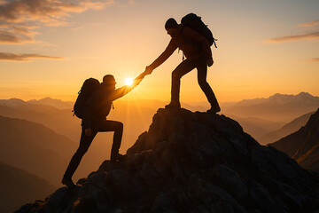 Hikers helping each other on mountain peak during sunset