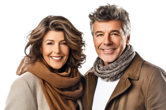 Happy couple in winter clothing smiling warmly at the camera, showcasing love and connection in a cozy outdoor setting with fashionable accessories