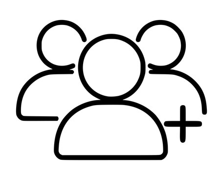 Clean and modern vector illustration of three user profile icons accompanied by a plus sign, symbolizing new user addition, account creation, or friend request