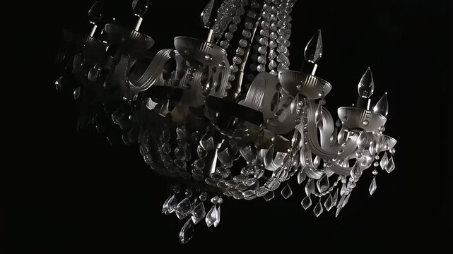 Suspended crystal chandelier gently rotating, isolated in black background