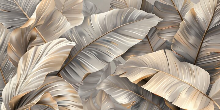 Wallpaper with beige and grey leaves of banana tree, the leaves are in different sizes and shades, the leaves are in beige color, the background