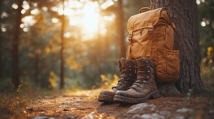 Hiking gear rests by a tree trunk in a sunlit forest