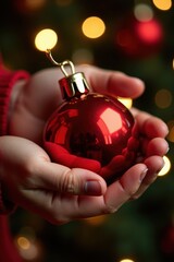 A tiny child's hand cradles a red Christmas ornament, close-up. The ornament shines with reflections of holiday lights and cozy warmth
