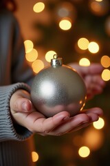 Close-up of a small child's palm holding a shiny silver Christmas ball. The background glows softly with warm holiday lights