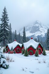 Christmas-decorated tents stand at the foot of a snowy mountain. Lonely fir trees grow nearby, and soft snow covers the ground all around