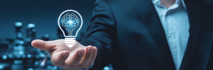 Businessman presenting glowing brain-shaped light bulb above open hand, symbolizing creative innovation, intelligence, and future technology
