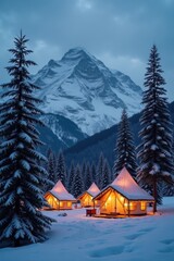 A group of Christmas-lit tents sits at the base of a snowy mountain. Single fir trees stand tall nearby, with snow blanketing the ground