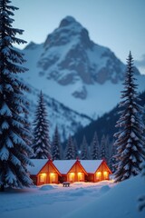 A group of Christmas-lit tents sits at the base of a snowy mountain. Single fir trees stand tall nearby, with snow blanketing the ground