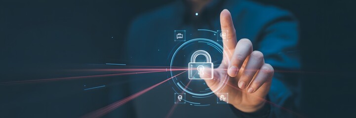 Business hand pointing at digital padlock interface, symbolizing secure access, cybersecurity technology, and protection of online data