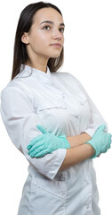A girl doctor in latex gloves and a white coat is preparing for the procedures.