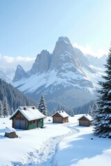 Snow surrounds Christmas-decorated tents at the foot of a tall mountain. A few solitary fir trees grow nearby under a clear winter sky