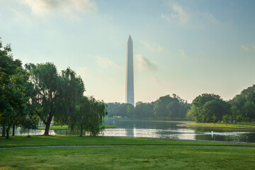 Washington Monument viewed above Constitution Gardens Pond on a bright spring morning