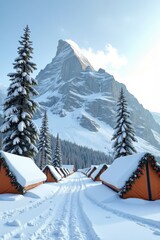 Snow surrounds Christmas-decorated tents at the foot of a tall mountain. A few solitary fir trees grow nearby under a clear winter sky