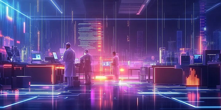 Futuristic science lab with researchers analyzing data in a neon lit cyberpunk environment promoting advanced technology