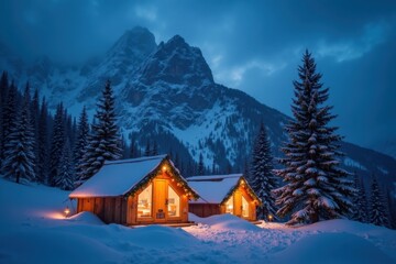 Christmas tents glow warmly at the base of a snowy mountain. Lonely fir trees stand nearby, and fresh snow covers the peaceful winter landscape