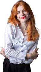 Portrait of a red-haired girl in a white shirt. Woman smiling in studio against gray background.