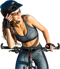 Girl on a mountain bike on offroad, beautiful portrait of a cyclist at sunset