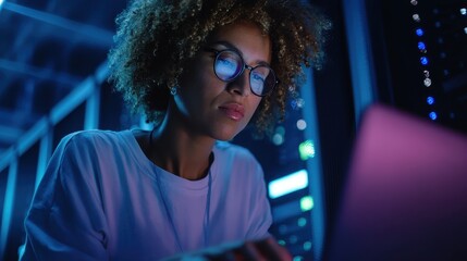 Research specialist analyzing data streams on laptop in server room