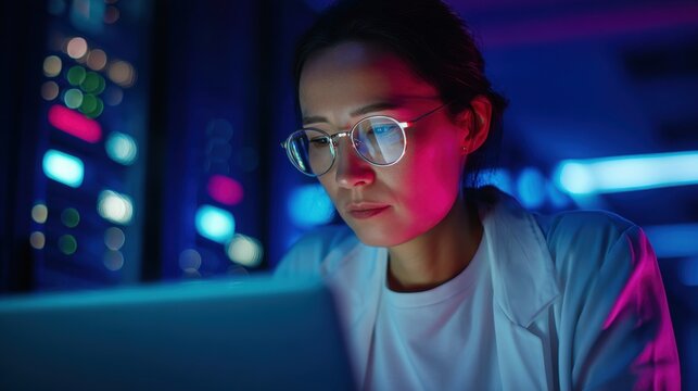 Research analyst in dimly lit server room with laptop