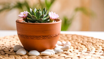 Succulent plant echeveria flower pot terracotta stones still life