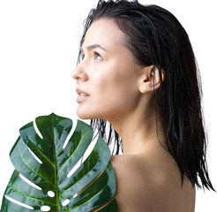 Beauty Woman with natural green palm leaf portrait. Fashion, beauty, make-up, cosmetics.