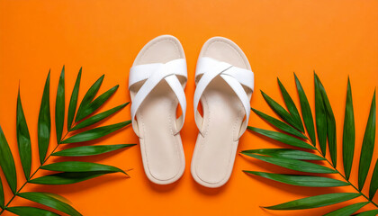 White sandals summer footwear fashion style tropical leaves orange