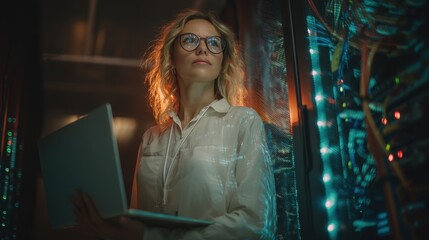 Sysadmin in server room managing network security and data systems