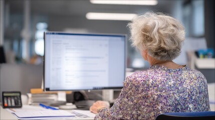 Senior woman in office engaged in digital work reflecting aging workforce