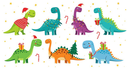 Festive Cartoon Dinosaurs in Christmas Attire and Decorations