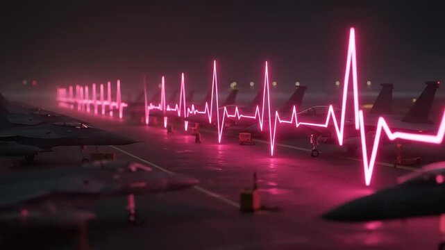 Futuristic military airbase at night with neon heartbeat line illuminating fighter jets and runway