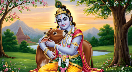 Lord Krishna with Cow Painting, Hindu God, Spirituality, Religion, Divinity, Peacock Feather, Landscape, Nature, Bliss.