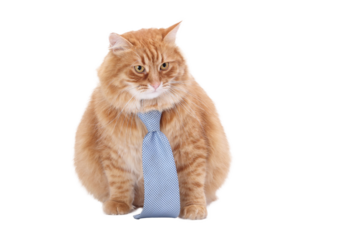 Business cat with blue tie on transparent background (PNG). Funny domestic pet in formal attire. Ideal for design, presentations, and creative office-themed content.