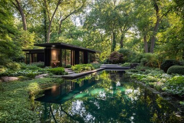 Modern House Exterior With Pool And Lush Garden