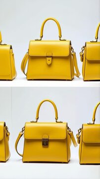 Several stylish yellow leather satchel purses are displayed on a plain white surface.