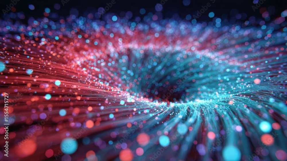 Poster a vibrant abstract digital vortex with glowing particles in red and blue hues, creating a dynamic an