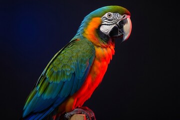 Fototapeta premium A vibrant macaw parrot perched on a studio stand, colorful gel lights casting blue and red accents, deep black background. 
