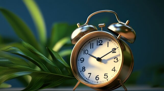 Golden alarm clock beside lush greenery