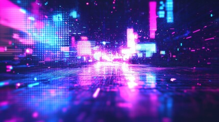 Fototapeta premium Futuristic digital cityscape with neon lights and pixelated effects in vibrant blue and pink hues, creating a cyberpunk atmosphere.