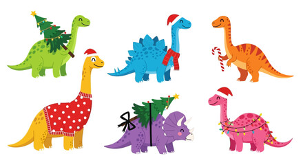 Festive Cartoon Dinosaurs in Christmas Attire and Decorations © tere