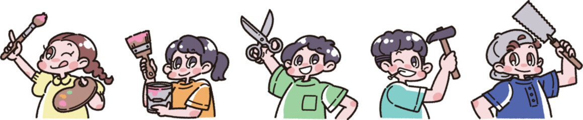 工作道具を持った子どもたちのイラスト