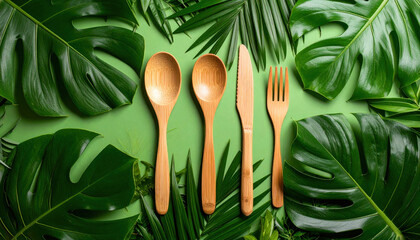 Eco friendly bamboo cutlery set with tropical leaves background