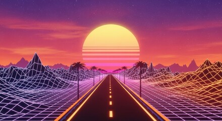 Fototapeta premium Retro Synthwave Highway Sunset with Neon Grid Landscape
