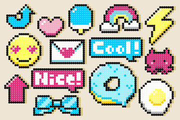 Cute pixel art icons with bead style design, featuring heart, emoji, donut, rainbow, and fun text. Great for digital stickers and kid's designs.
