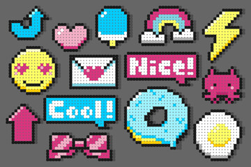 Cute pixel art icons with bead style design, featuring heart, emoji, donut, rainbow, and fun text. Great for digital stickers and kid's designs.