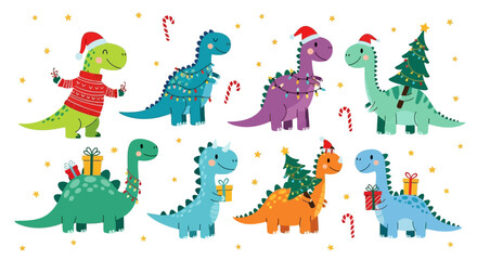 Cute Christmas Dinosaurs in Festive Outfits and Decorations
