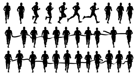 Diverse Runners Crossing Finish Line Silhouettes, Various Running Poses